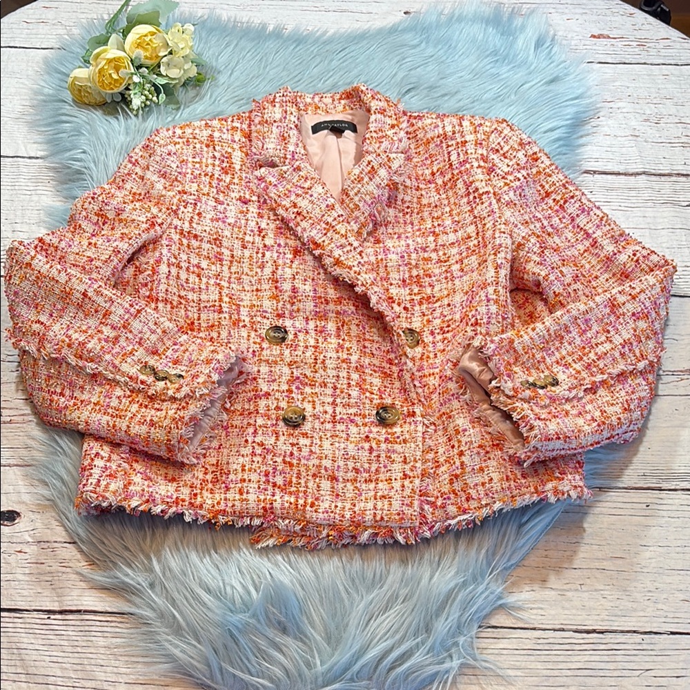 Ann Taylor Fringe Tweed Cropped Double Breasted Blazer sz 10